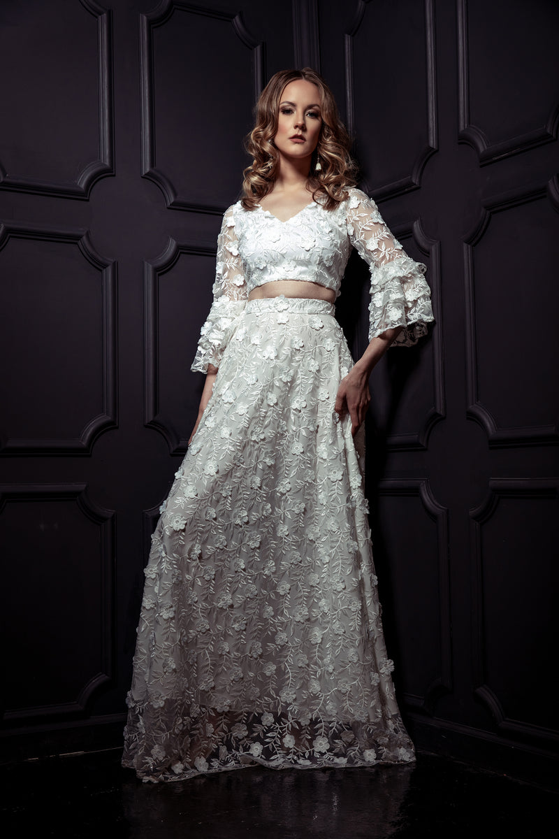 AKILAH White Floral Embroidered Mesh Skirt with White Lining - Harleen Kaur - Bridal