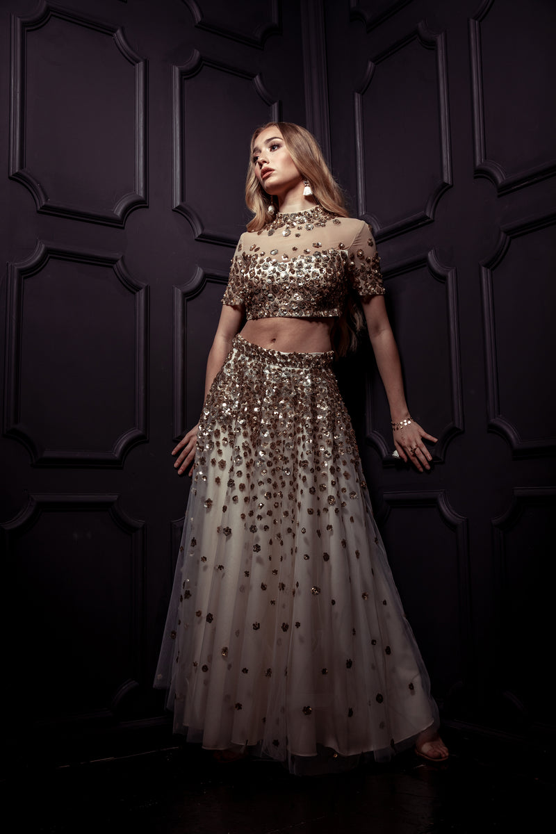 JEENA Gold Floral Sequin Lehenga Set - Harleen Kaur Bridal Lehenga