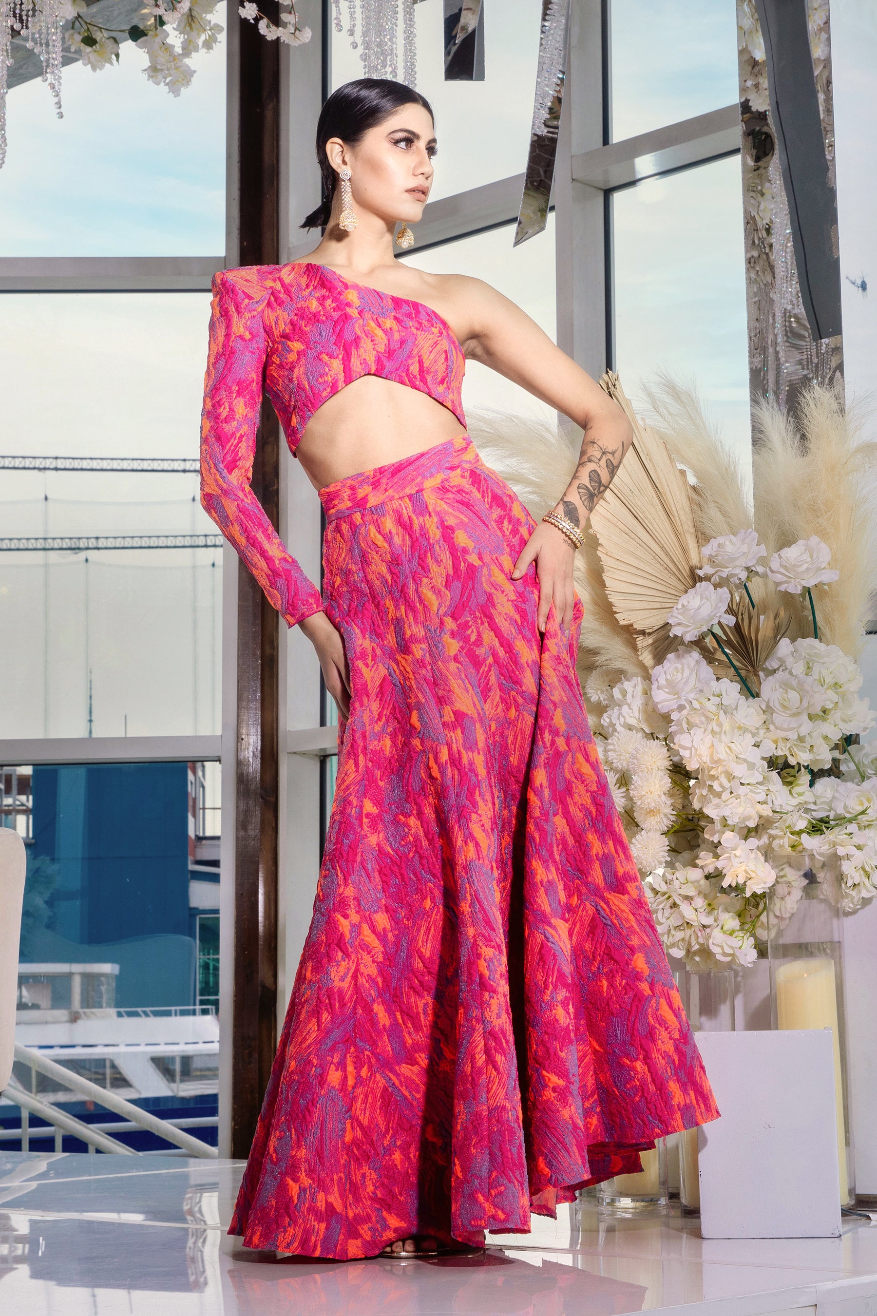 Samantha Nitting in the orange and pink lehenga skirt - Front View - Harleen Kaur NYC