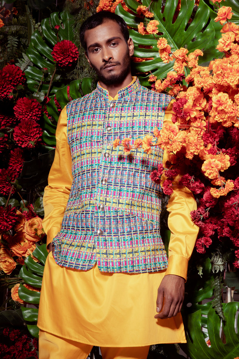 Sanjeet Multicolor Tweed Bandi Vest styled with a Yellow Kurta Pajama - Front View - Harleen Kaur Indianwear Made in NYC