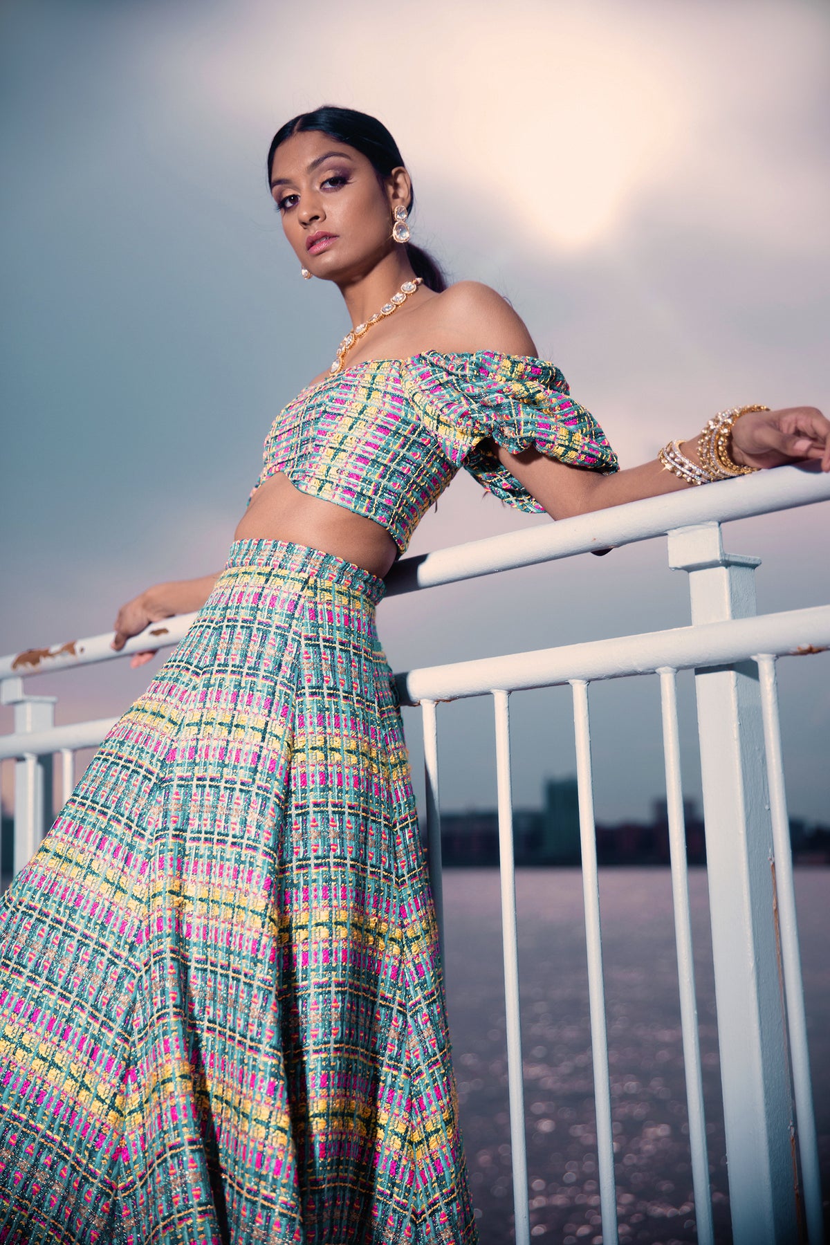 high waisted colorful tweed lehenga skirt - side view - Harleen Kaur