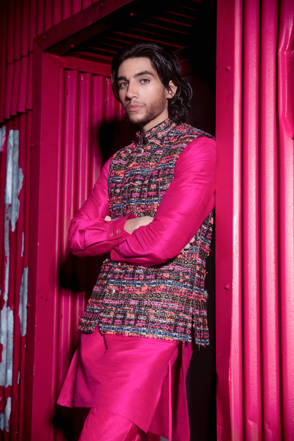 Sanjeet Black and Pink Tweed Bandi Vest styled with a silk pink kurta pajama - Front View - Harleen Kaur Indian Clothing Made in New York City
