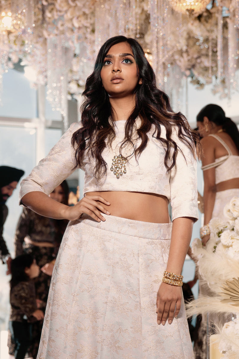 Ivory and Gold Mira Lehenga Top - Front View - Harleen Kaur