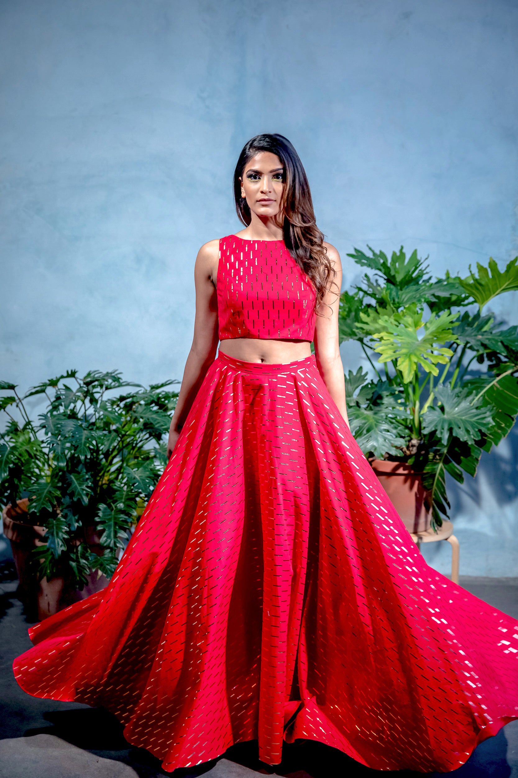 ANISHA Red Cotton Skirt with Gold Foil Rectangle Print - Front View - Harleen Kaur