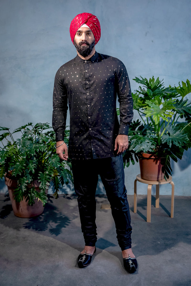 JEET Diamond Cotton Kurta Shirt in Black - Front View - Harleen Kaur - South Asian Menswear