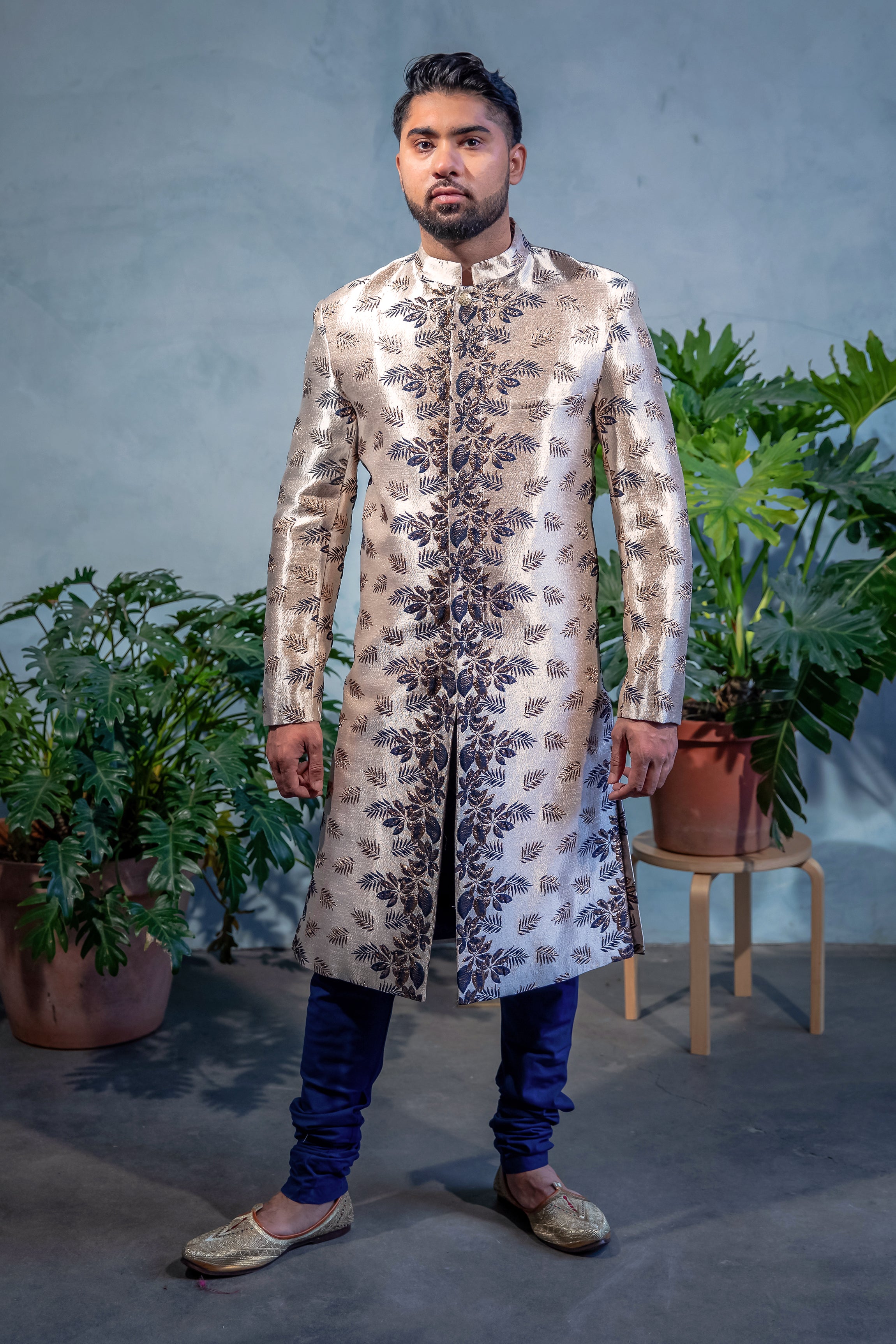 VEER Palm Floral Metallic Sherwani Jacket - Front View - Harleen Kaur - Indian Menswear