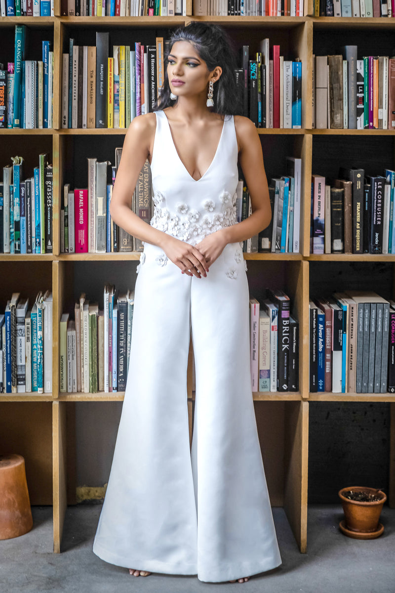 LEENA Matte Satin Jumpsuit in White with Sequin Flowers - Front View - HARLEEN KAUR