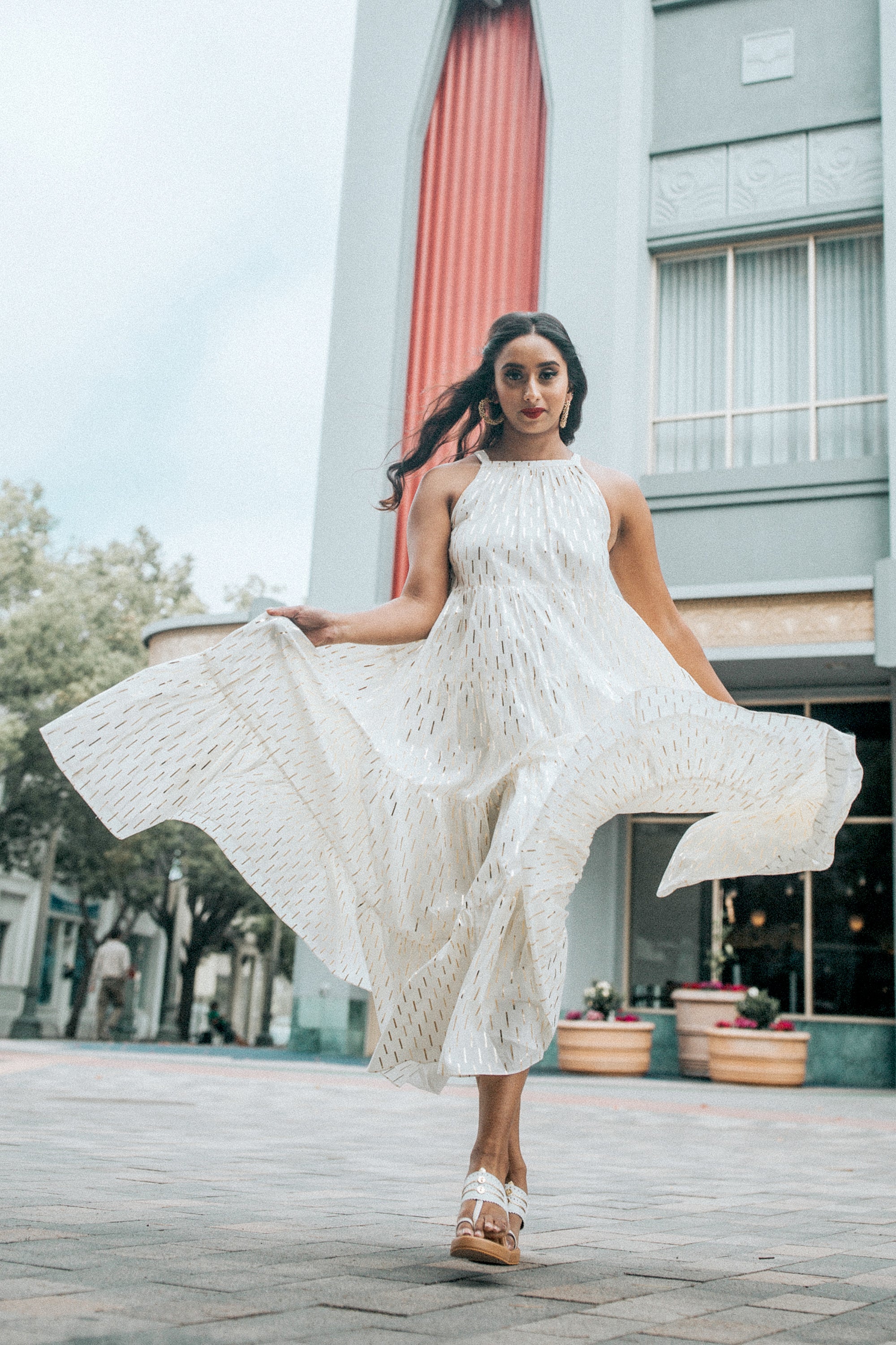 White Maxi Anarkali Dress With Gold Detail | Harleen Kaur Gemma Dress