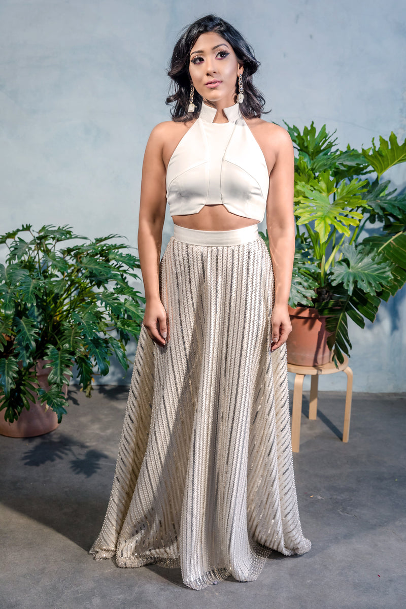 SAMAIRA Stretch Halter Crop Top in White - Front View - Harleen Kaur