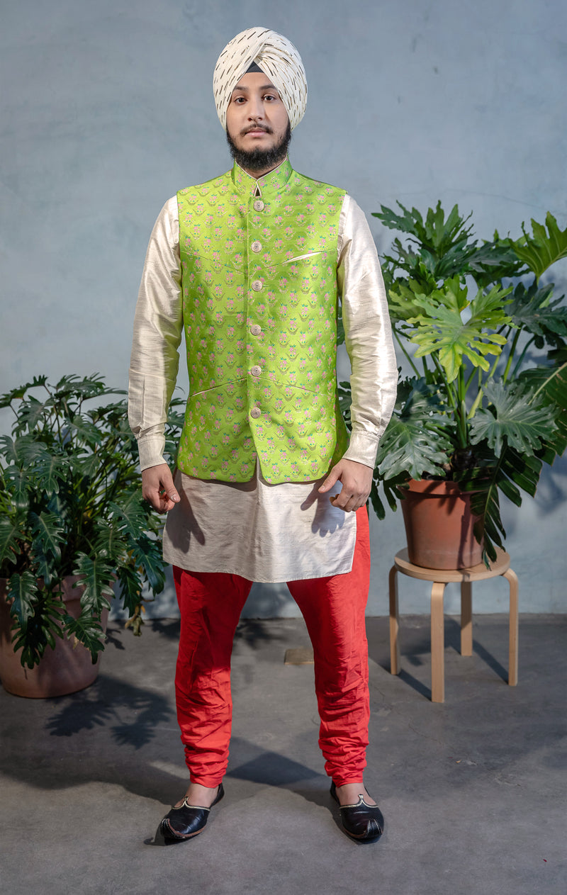 Mens ARJUN Lime Vest with Floral Embroidery and Gold Buttons - Front View - Harleen Kaur