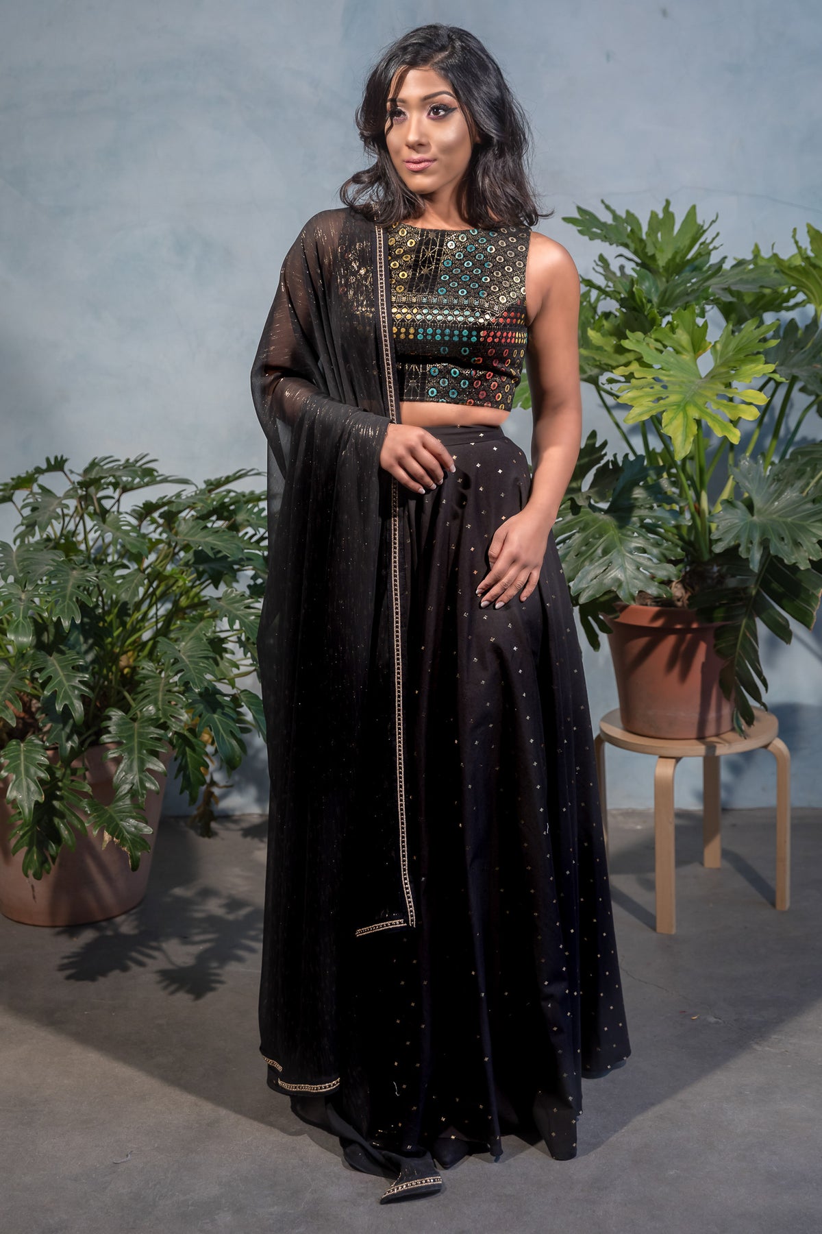 RINA Black Dupatta with Gold Trim - Front View - Harleen Kaur - South Asian Womenswear