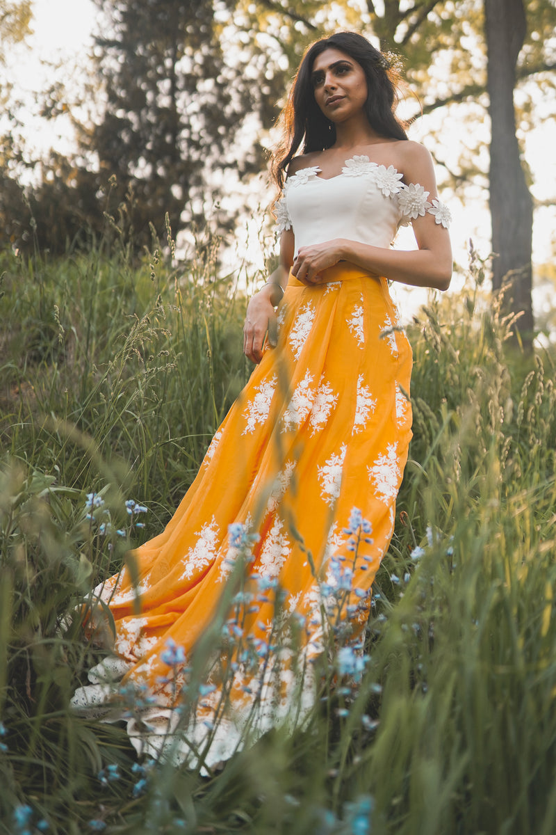 DEE Embroidered Orange Chiffon Lehenga Skirt - Front View - Harleen Kaur - Modern Indian Womenswear