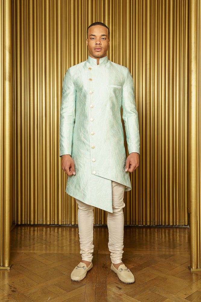 BIREN Asymmetrical Jacquard Sherwani - Front View - Harleen Kaur - Indian Menswear