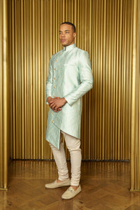 BIREN Asymmetrical Mint Jacquard Sherwani - Side View - Harleen Kaur - South Asian Menswear