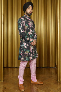 SURIN Black Floral Blossom Long Sleeve Kurta - Side View - Harleen Kaur - Ethically Made Menswear