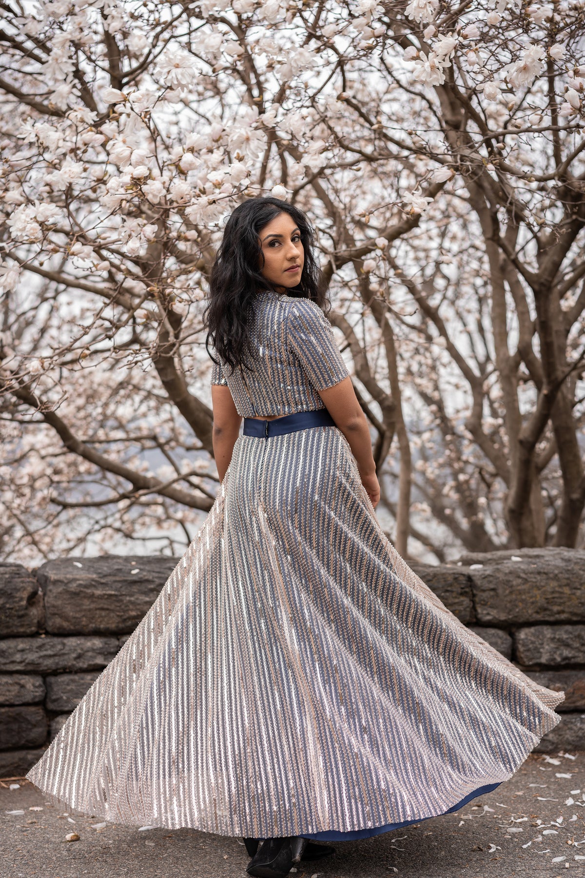 GILLY Striped Beaded Sequin Skirt - Back View - Harleen Kaur - Indian Womenswear