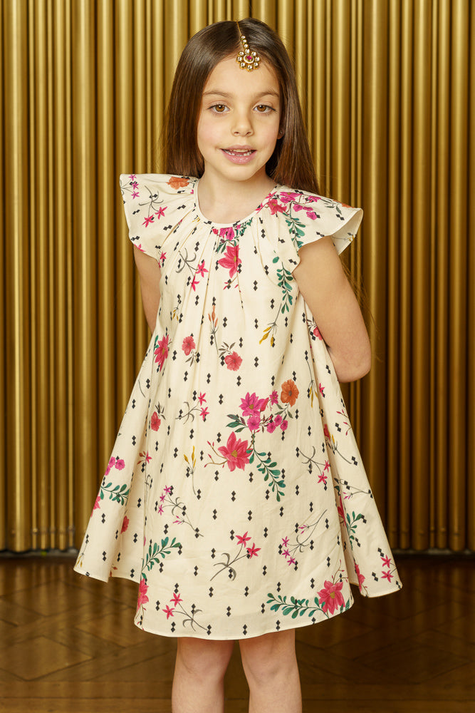 NIRVAIR Diamond Floral Cotton Kids Dress - Front View - Harleen Kaur - South Asian Childrenswear