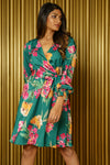 BRI Floral Wrap Dress in Green Multi with Belt - Front View - Harleen Kaur Indian Womenswear