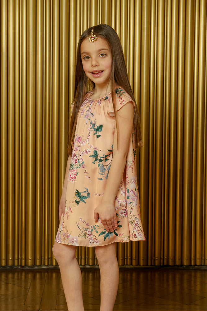 NIRVAIR Floral Blossom Short Sleeve Kids Dress - Side View - Harleen Kaur - Indowestern Kidswear