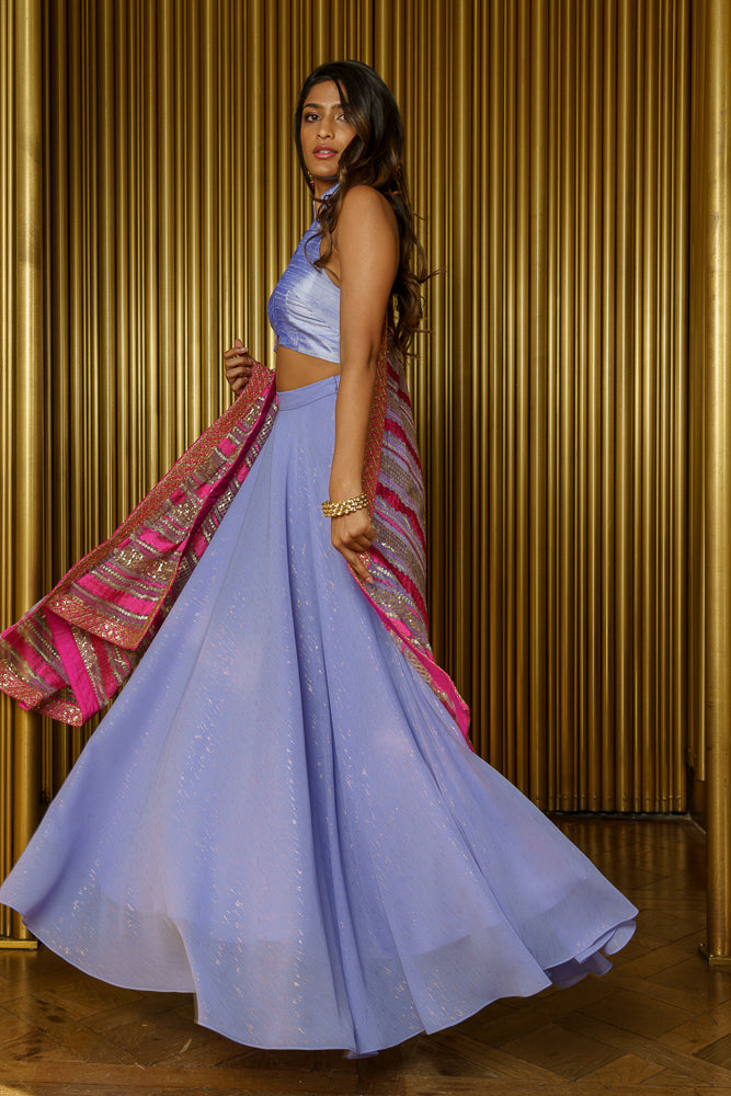 Vanilla Metallic Periwinkle and Gold High Waisted Lehenga Skirt - Harleen Kaur