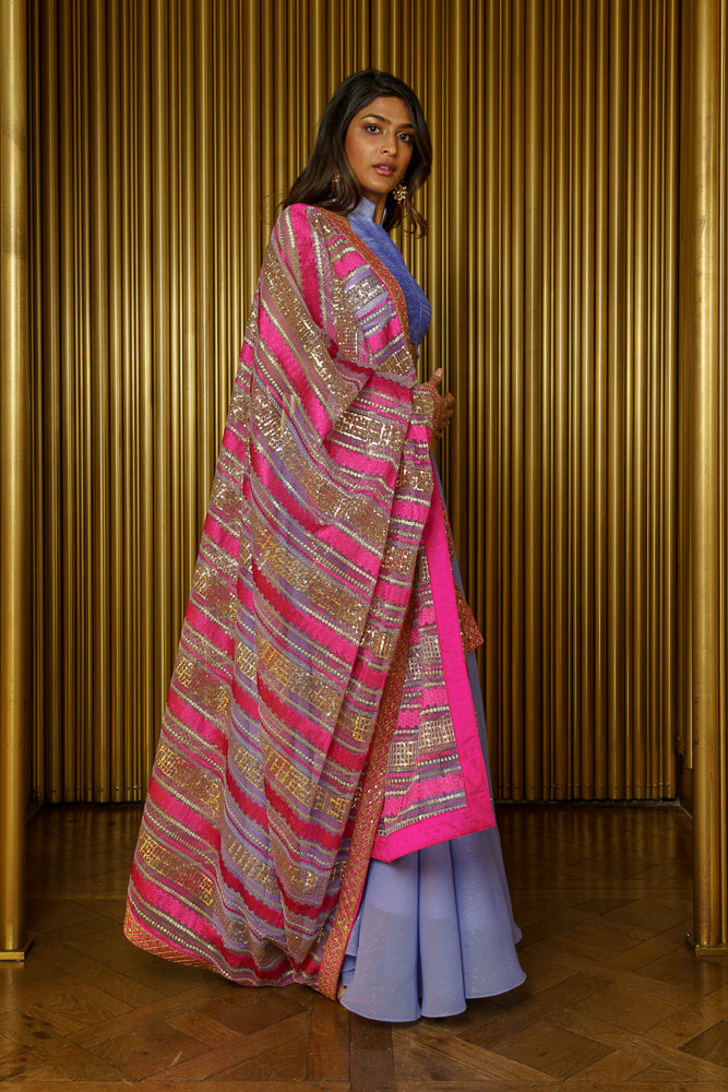 Periwinkle and Pink Striped Sequin Dupatta - Side View - Harleen Kaur - Luxury Indian Womenswear