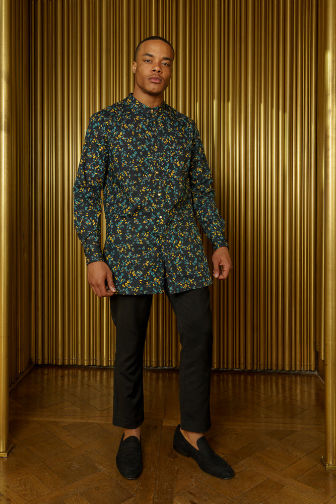 PREET Black Mini Floral Kurta Shirt - Front View - Harleen Kaur - Ethically Made Menswear