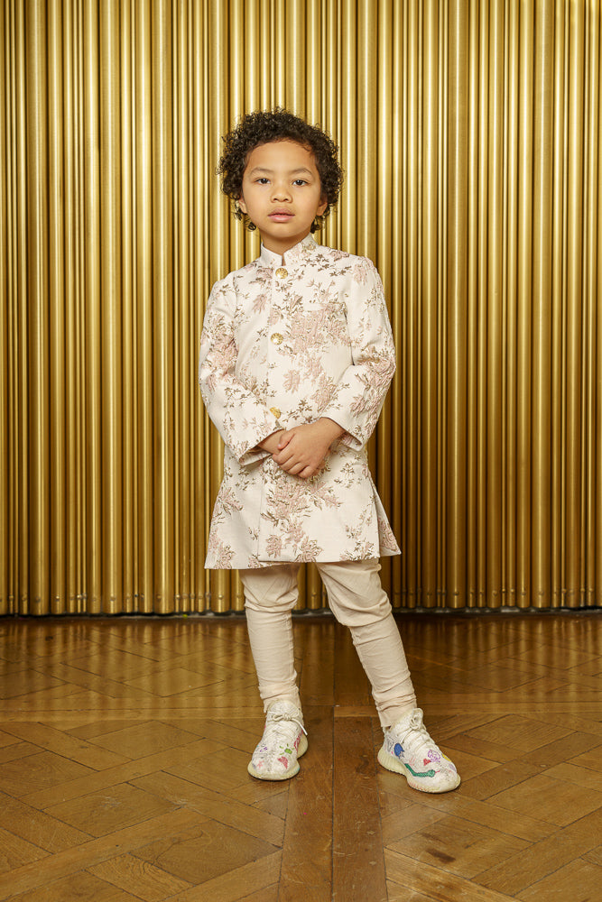 TANVIR Floral Metallic Jacquard Kids Sherwani - Front View - Harleen Kaur - Indian Kidswear