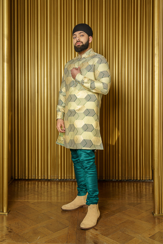 RICKY Gold Chevron Jacquard Kurta - Side View - Harleen Kaur - South Asian Menswear