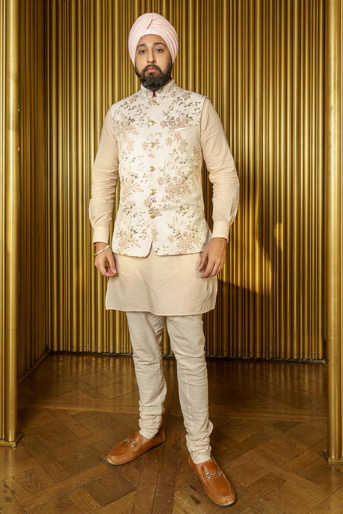 NIK Floral Vines Metallic Jacquard Bandi Vest - Front View - Harleen Kaur - South Asian Menswear
