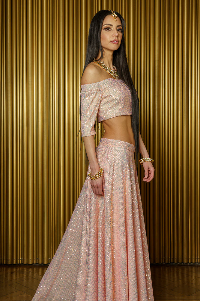 REEMA Iridescent Pink Sequin Strapless Crop Top - Side View - Harleen Kaur Modern Indian Womenswear