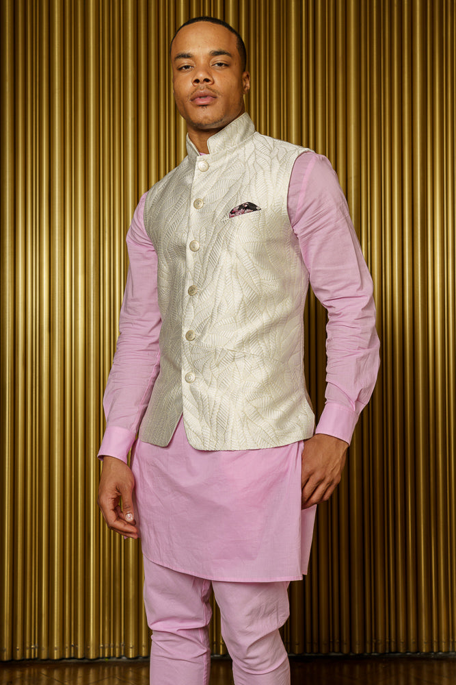 NIK Wavy White Metallic Jacquard Bandi Vest - Front View - Harleen Kaur - Ethically Made Menswear