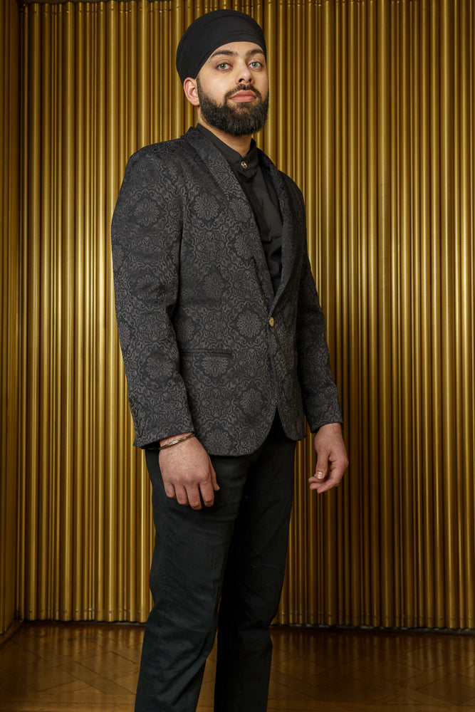 AMANDEEP Black Jacquard Blazer Jacket - Side View - Harleen Kaur Indian Menswear