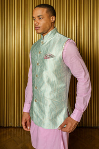NIK Mint Metallic Wavy Jacquard Bandi Vest - Side View - Harleen Kaur - Luxury Indian Menswear