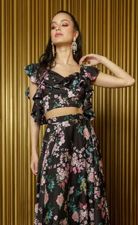 KAIA Black Floral Print Ruffle Crop Top - Front View - Harleen Kaur - Modern Indian Womenswear