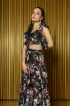 KAIA Black Floral Print Ruffle Crop Top - Side View - Harleen Kaur - Ecoconscious Womenswear