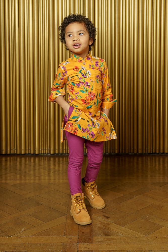 ARIAN Saffron Floral Kids Kurta - Front View - Harleen Kaur - South Asian Childrenswear