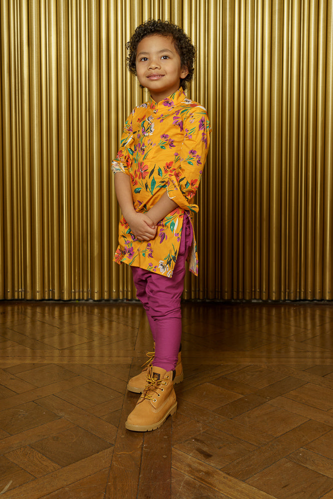 ARIAN Saffron Floral Cotton Kids Kurta - Side View - Harleen Kaur - Indian Kidswear