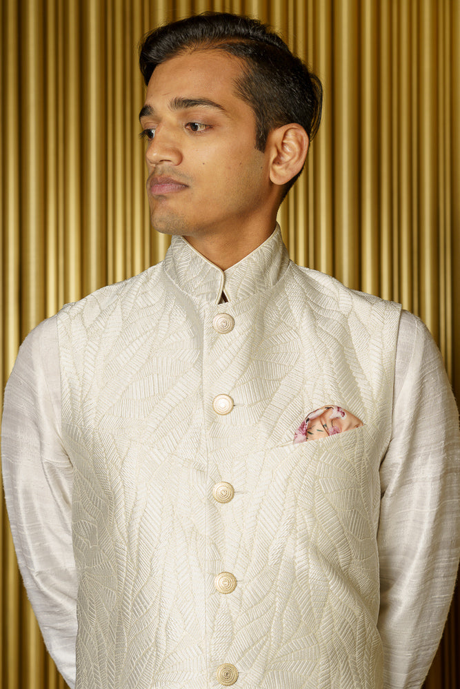 NIK Wavy Jacquard Button Down Bandi Vest - Front View - Harleen Kaur - South Asian Menswear