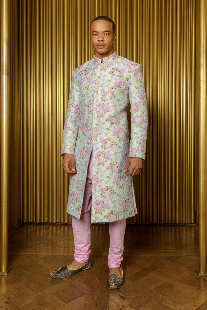 LANE Floral Jacquard Sherwani with Mandarin Collar - Front View - Harleen Kaur - Indian Menswear
