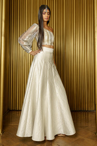 DEERA Wavy Jacquard Lehenga Skirt in White Metallic - Side View - Harleen Kaur - Ethically Made Womenswear