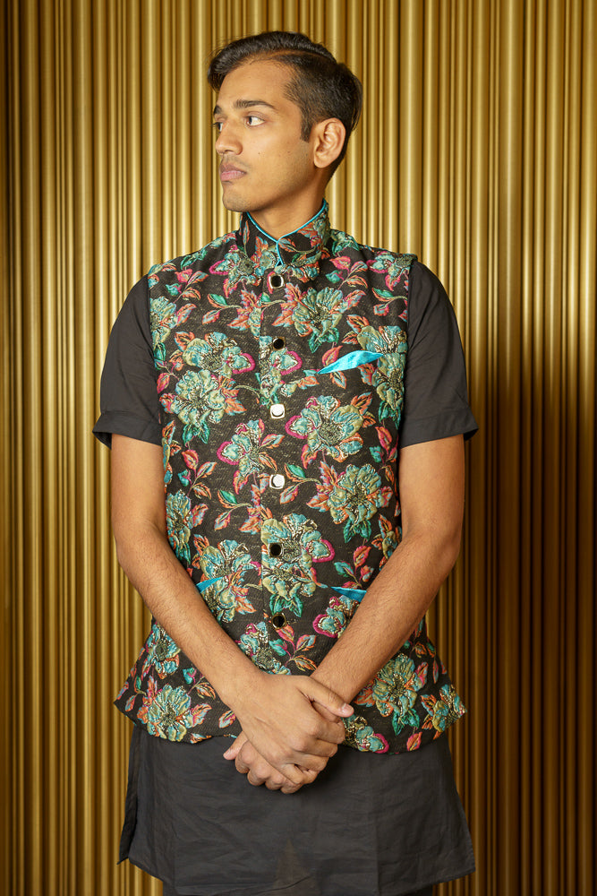ANKIT Floral Jacquard Vest in Black and Green with Accents of Orange - Front View - Harleen Kaur Menswear 