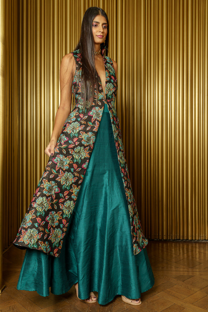 CHIKA Floral Jacquard Jacket Dress - Front View - Harleen Kaur - South Asian Womenswear