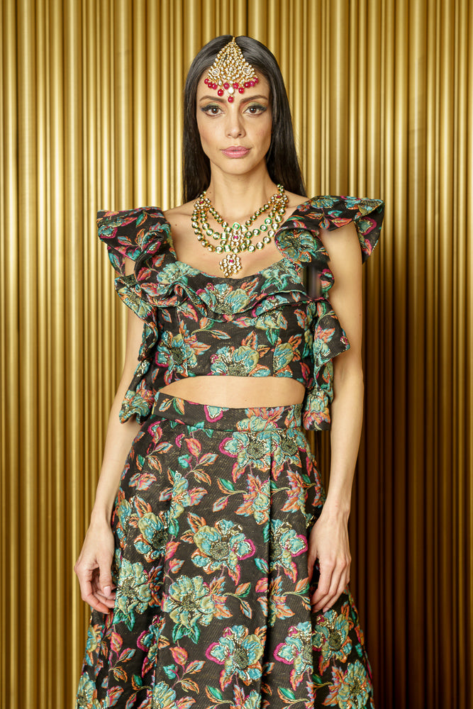 KAIA Floral Jacquard Crop Top with Ruffle Details - Front View - Harleen Kaur - South Asian Womenswear