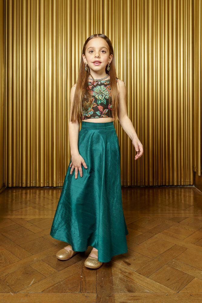 Kids Raw Silk Green Lehenga Skirt - Front View - Harleen Kaur - Kidswear