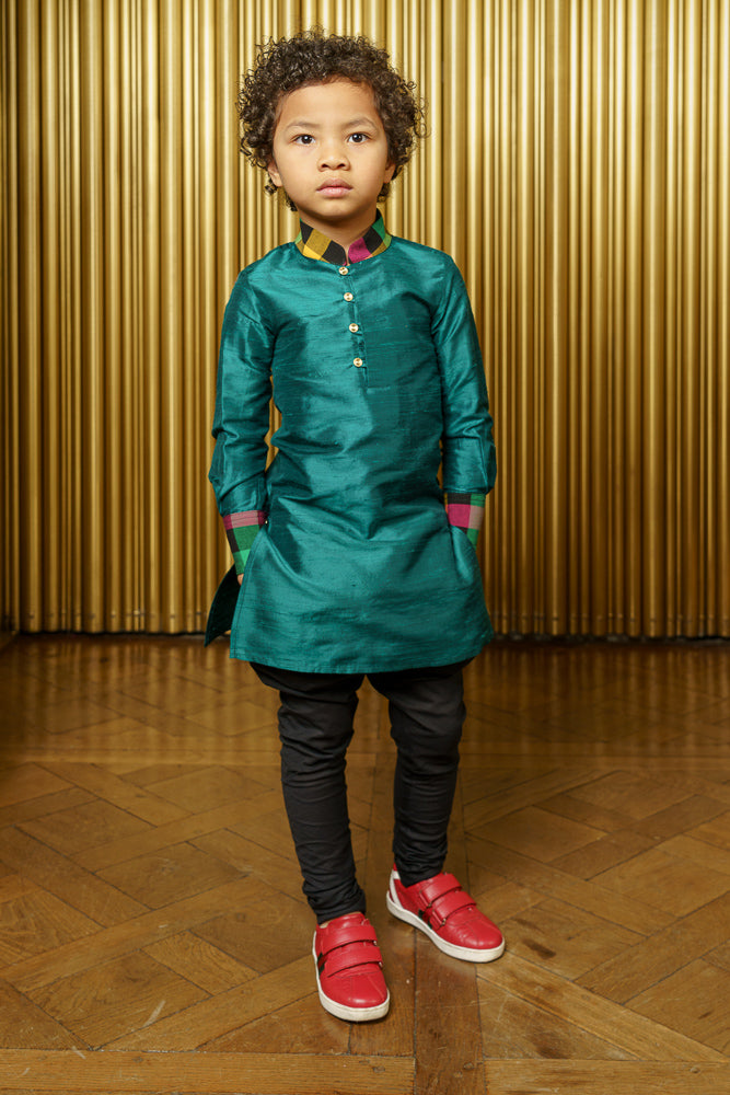 SURAT Silk and Plaid Kids Kurta - Front View - Harleen Kaur - Indian Kidswear