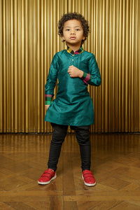 SURAT Solid Green Silk and Plaid Kids Colorblock Kurta - Front View - Harleen Kaur - Indian Childrenswear