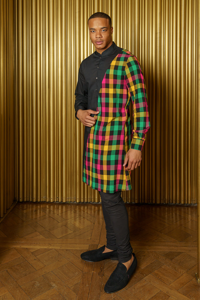 ADI Pink, Yellow, and Green Plaid and Black Kurta - Side View - Harleen Kaur - Ethically Made Menswear