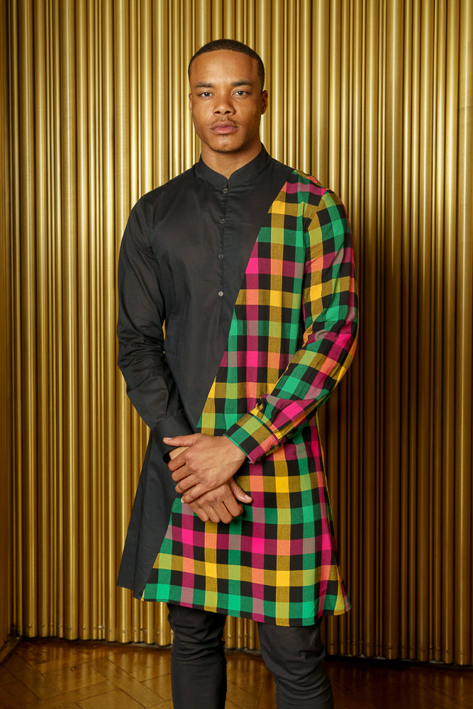 ADI Plaid and Black Colorblock Kurta - Front View - Harleen Kaur - South Asian Menswear