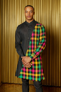 ADI Plaid and Black Colorblock Kurta - Front View - Harleen Kaur - South Asian Menswear