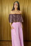 SINEMA Off-the-Shoulder Strapless Flowy Crop Top in Striped Sequins - Front View - Harleen Kaur Indian Womenswear